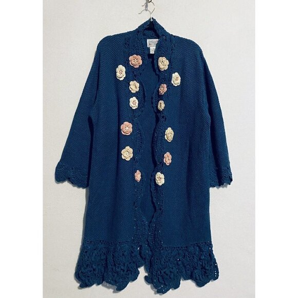 Lacy Afternoon Sweater Womens Large Blue Crochet Rose Cardigan  Cottagecore - Picture 1 of 7